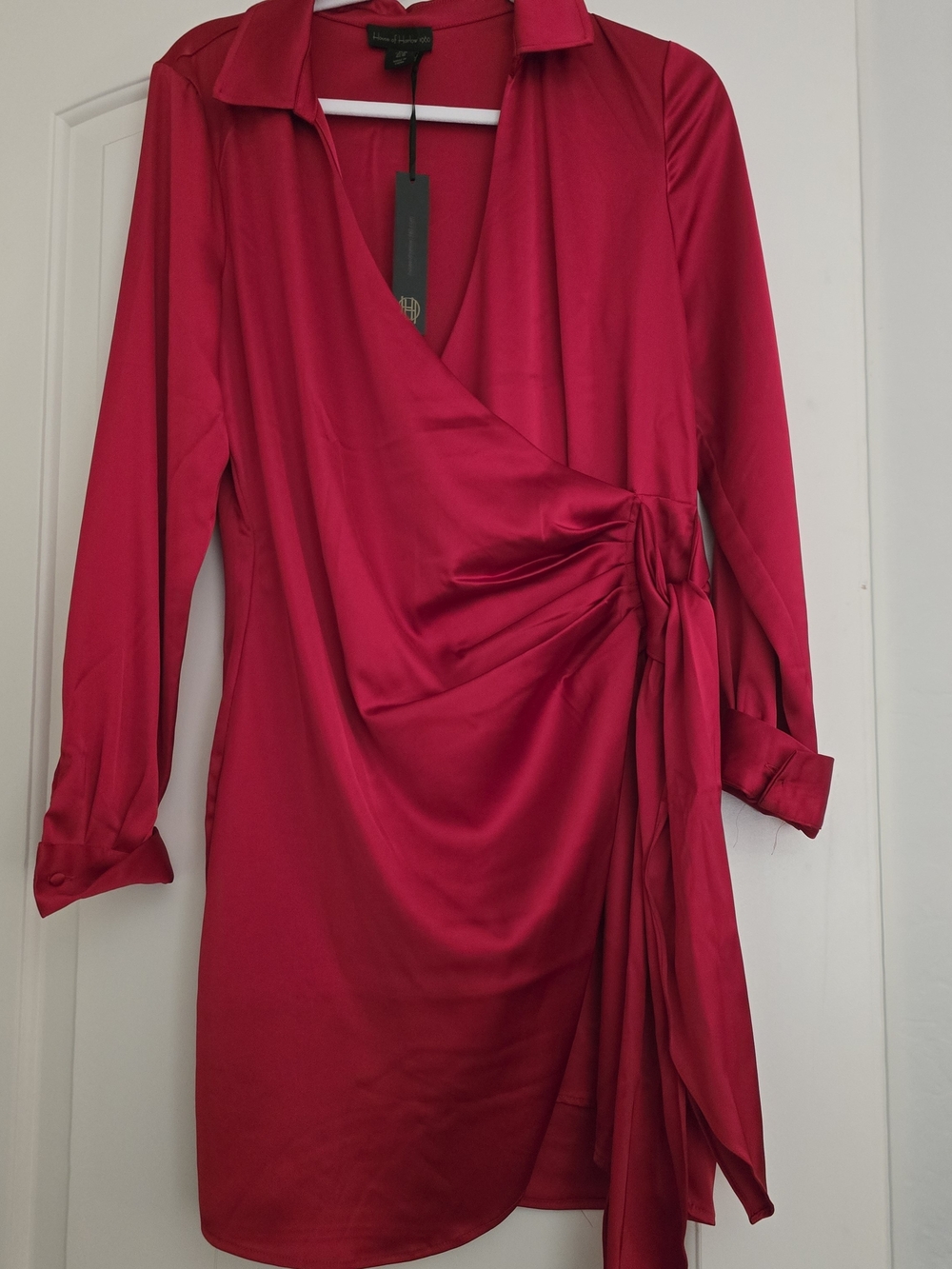 Red House of Harlow 1960 Red Satin Wrap Long Sleeve Dress